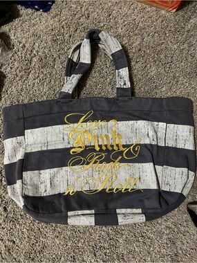 PINK Victoria's Secret Black&White Striped Canvas Tote Love Pink Rock and Roll